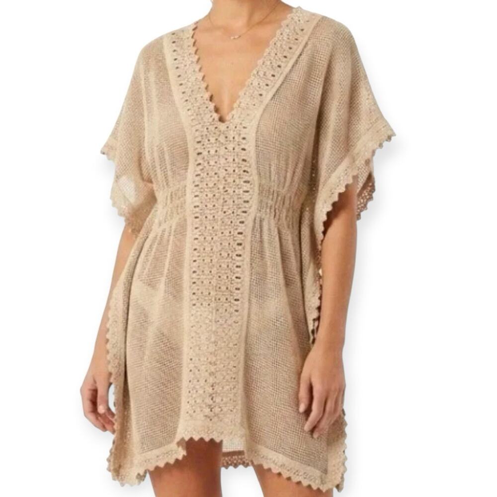 Seaspice Resort Wear Crochet Knit Peruvian Cotton Swimsuit Cover Up Beige Medium